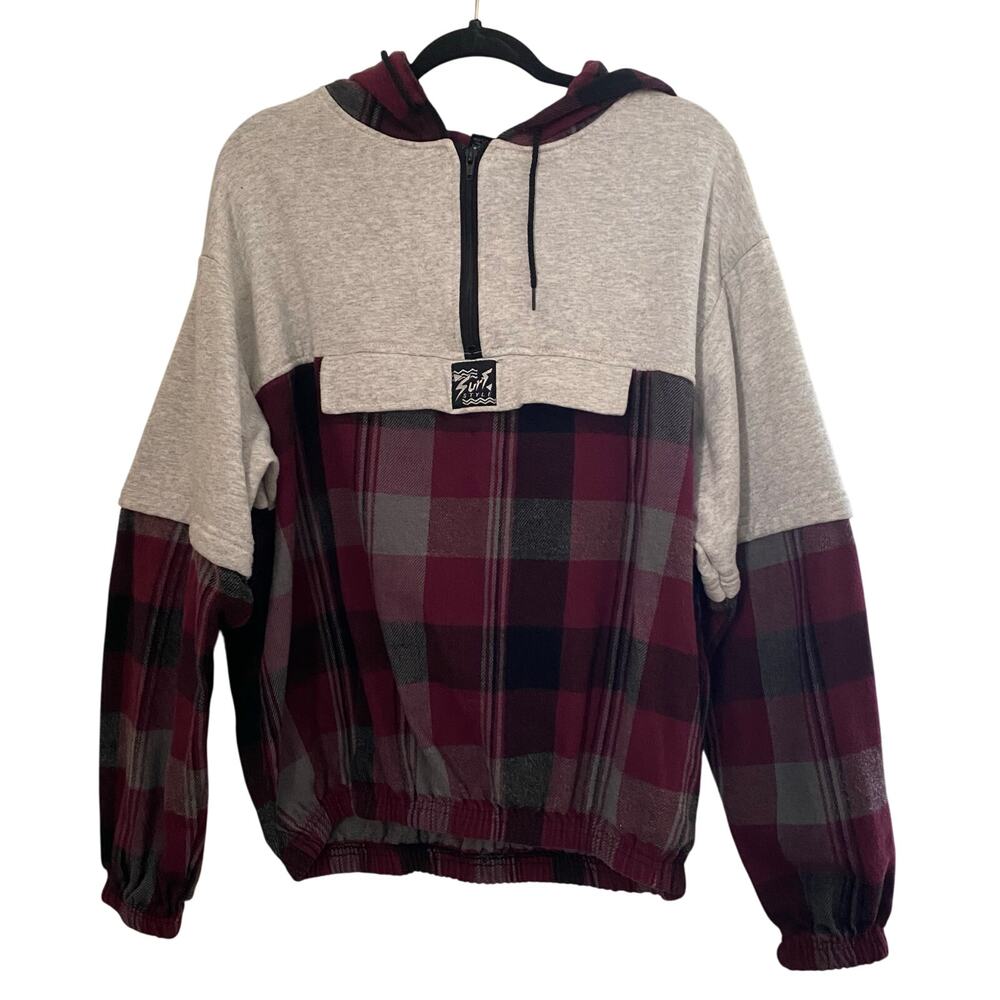 Vintage Surf Style Hoodie Sweatshirt Plaid Mixed Media Mens One Size